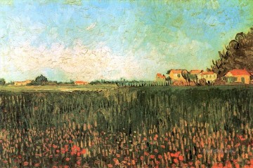  Houses Oil Painting - Farmhouses in a Wheat Field Near Arles Vincent van Gogh scenery